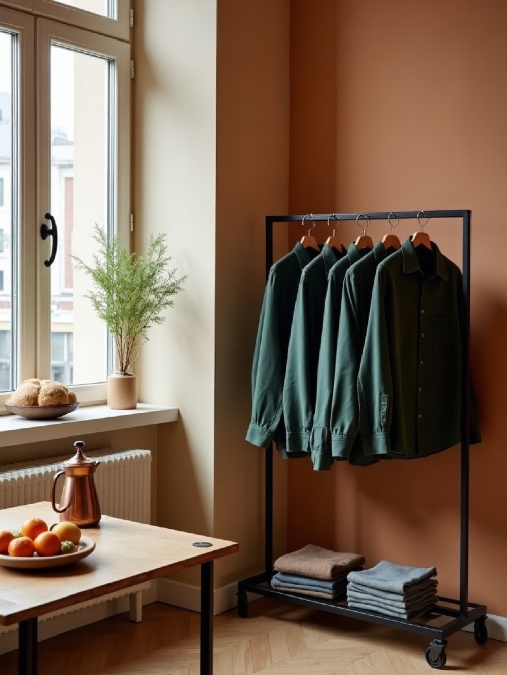 Store aisle with men's shirts beside a table of bread, citrus, and espresso