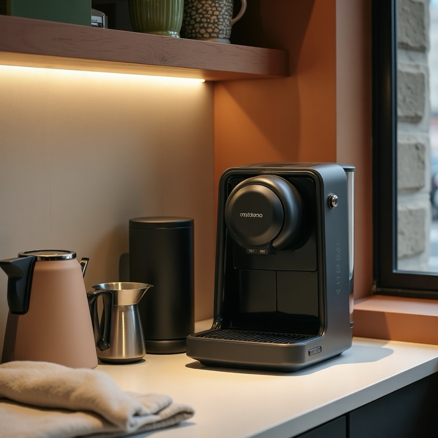 Espresso machine, blender, and kettle on a pale kitchen counter