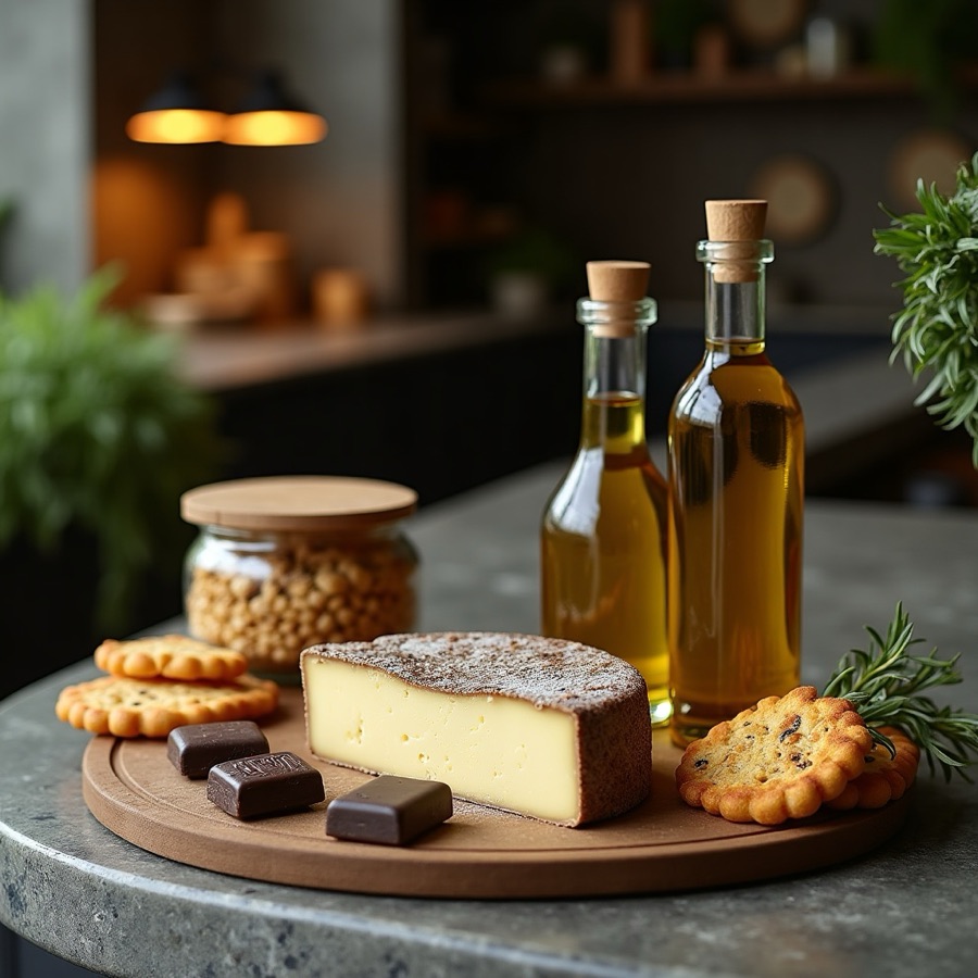 Artisan cheese, olive oil, honey, and craft groceries on a stone counter