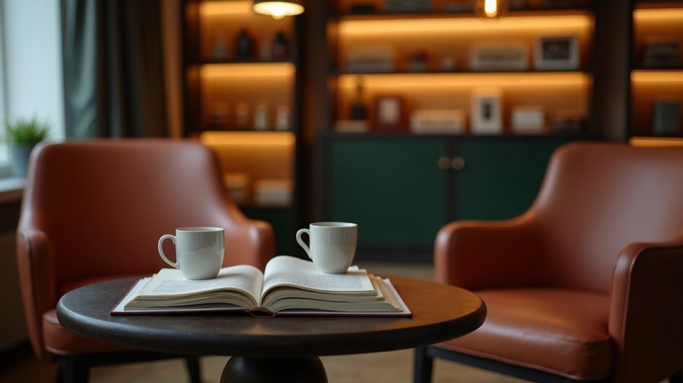 Bookstore cafe lounge with armchairs, novels, and coffee cups