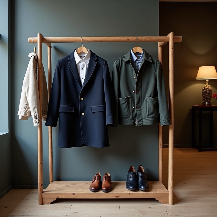 Men's coat, shirt, and boys' jacket on a retail rack
